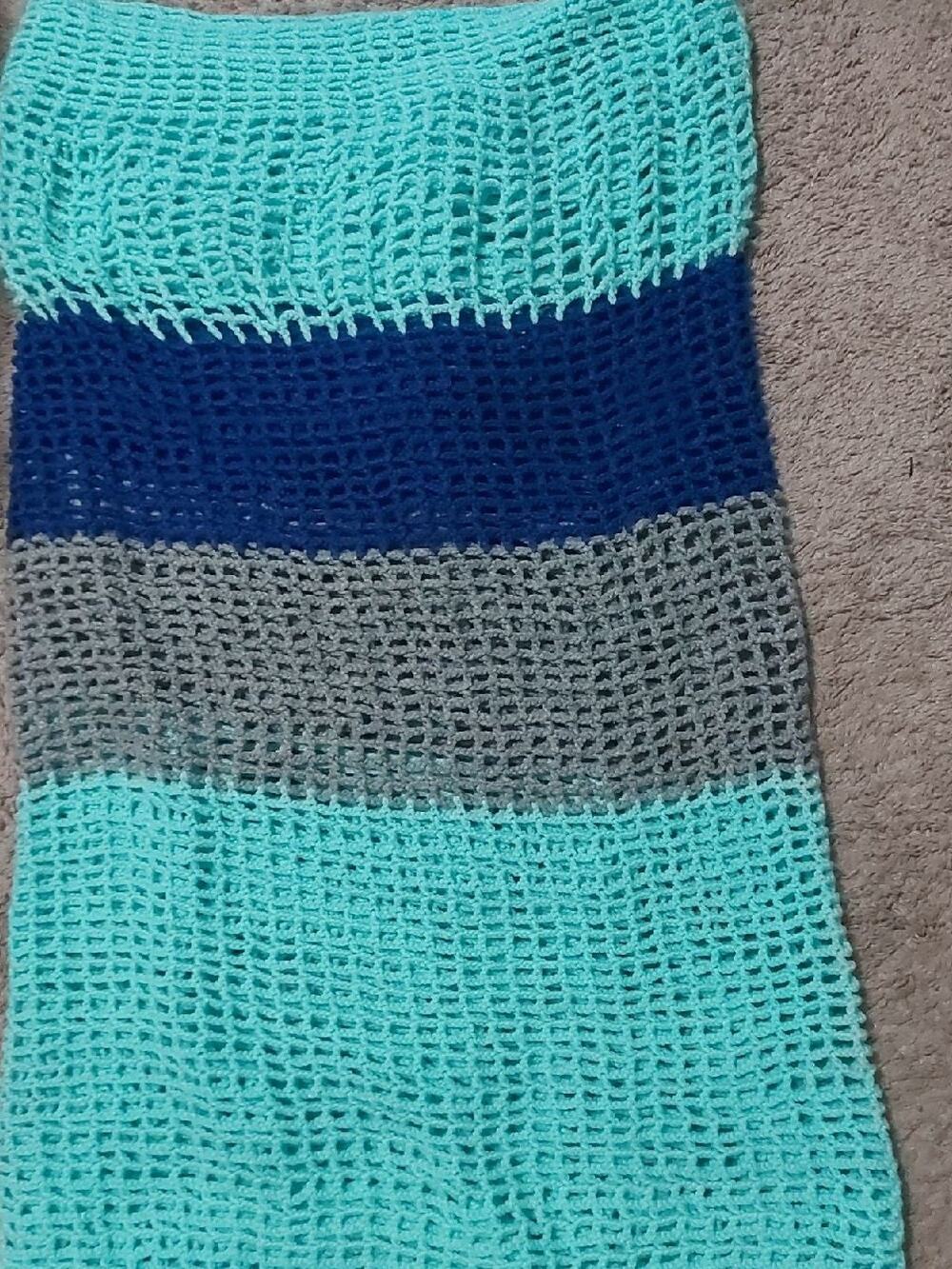 Crochet Quilt Throw Blanket Aqua/Gray/Blue 92L x 46W Comfy Cozy Winter Granny
